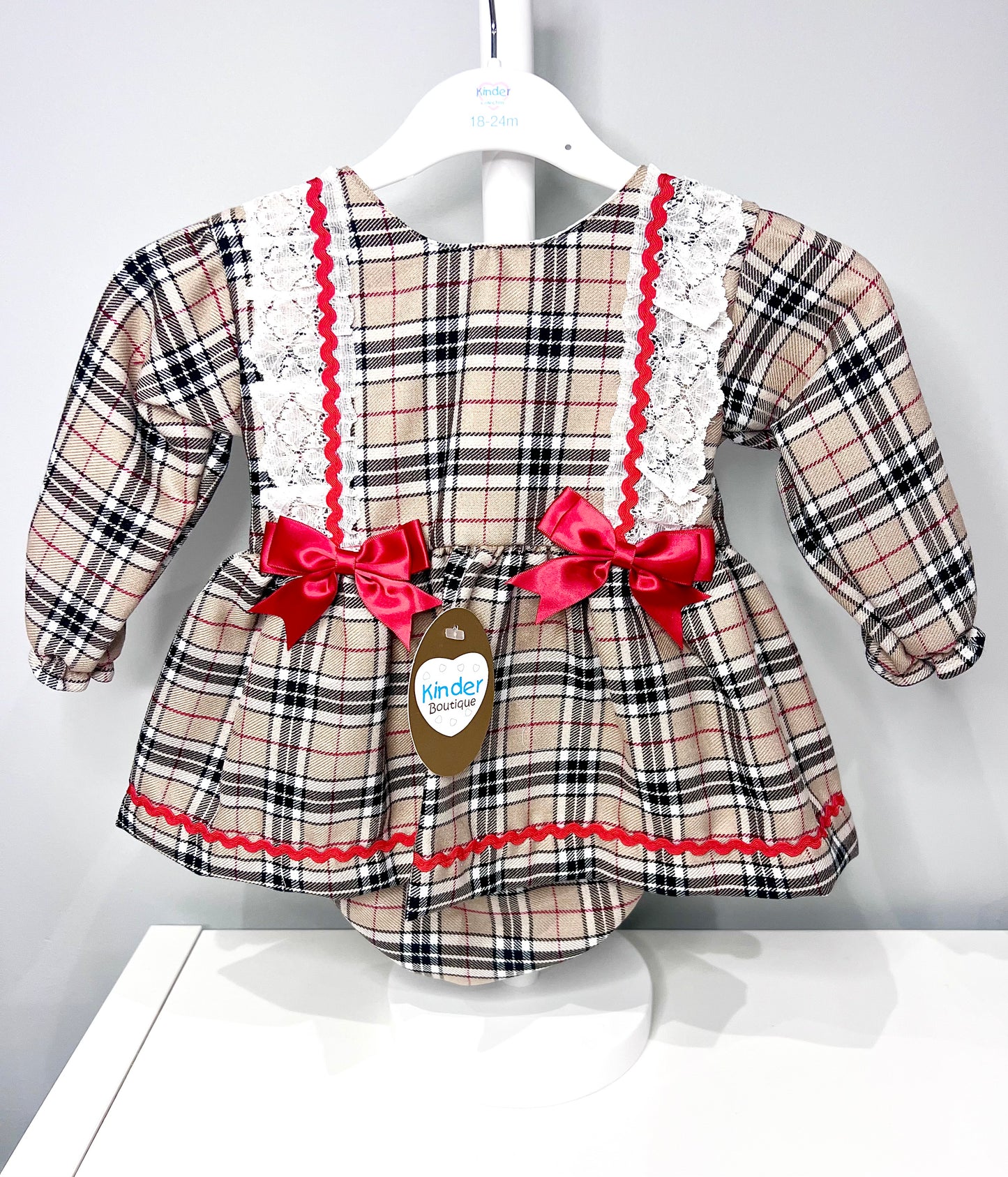 Kinder Baby Girl Tartan Christmas Dress with Bloomers - Beige Tartan Pattern 18-24 Months