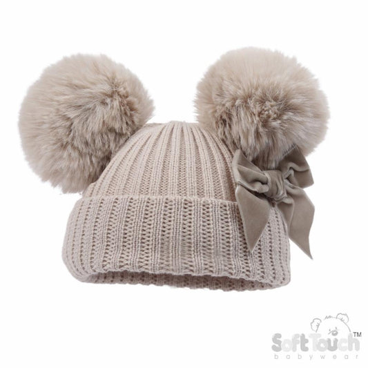 Beige Velvet Bow Pom Pom Hat