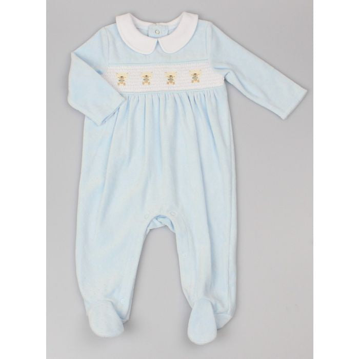 Velour Blue Teddy Smocked Romper