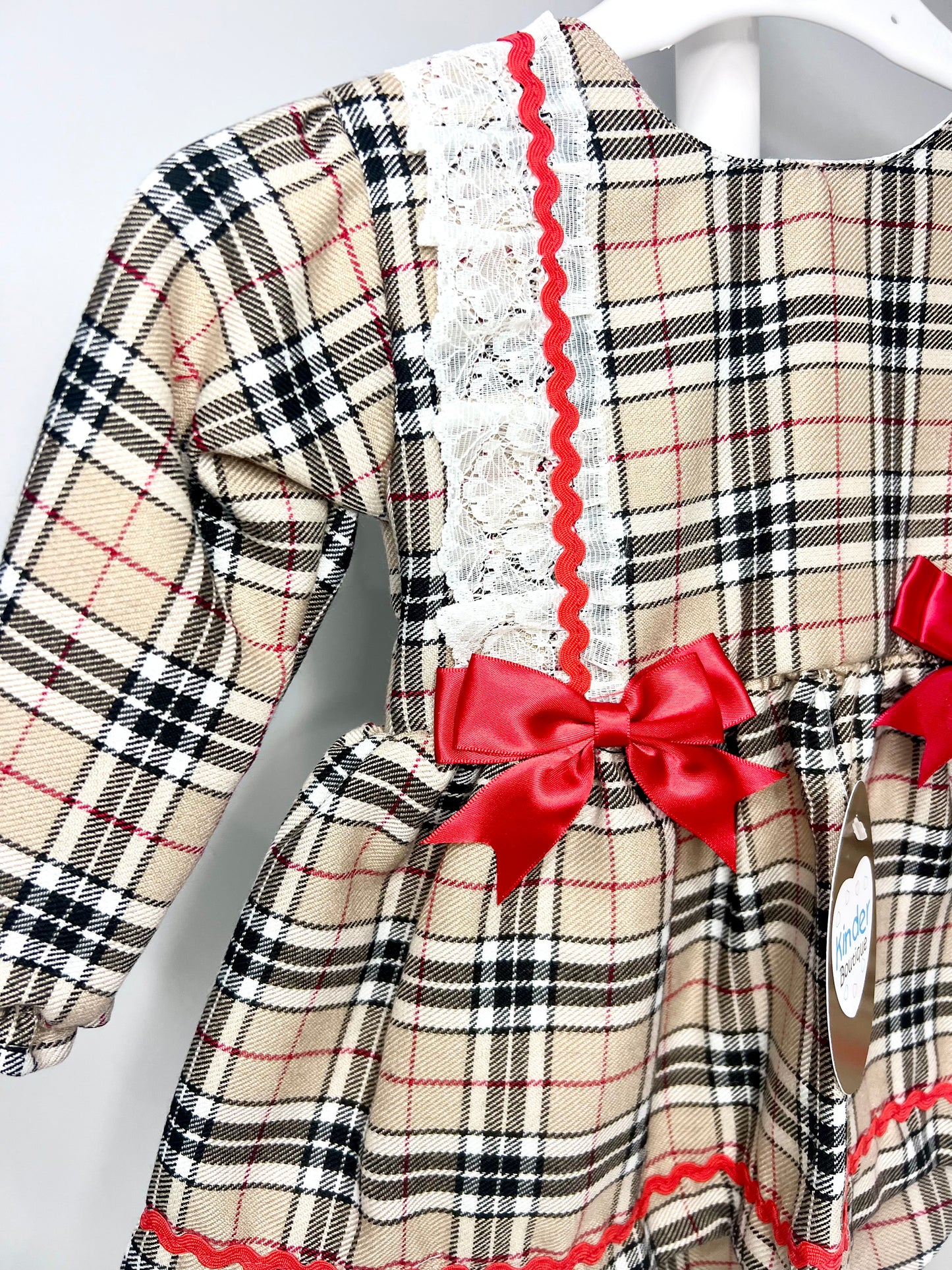 Kinder Baby Girl Tartan Christmas Dress with Bloomers - Beige Tartan Pattern 18-24 Months