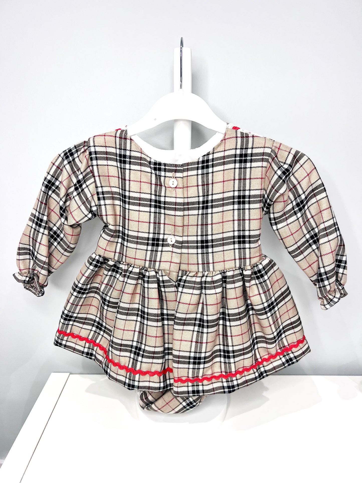 Kinder Baby Girl Tartan Christmas Dress with Bloomers - Beige Tartan Pattern 18-24 Months