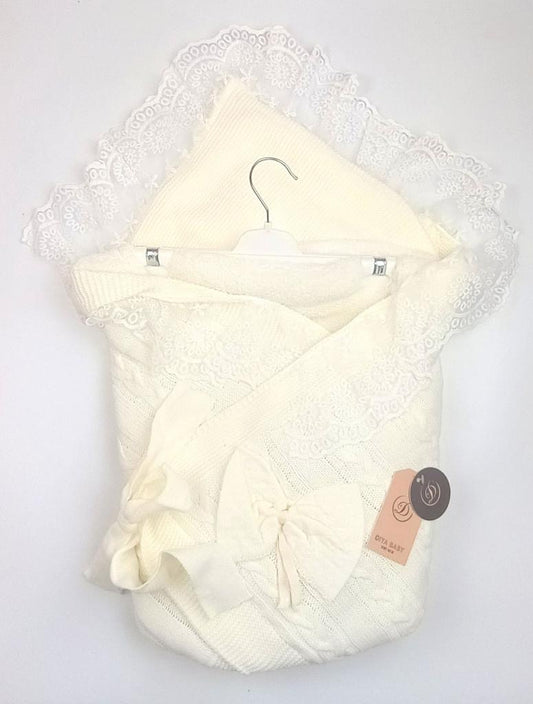 Knit Winter White Swaddle With Lace Trim