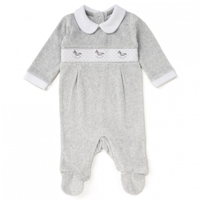 Smocked Grey Velour Rocking Horse Romper