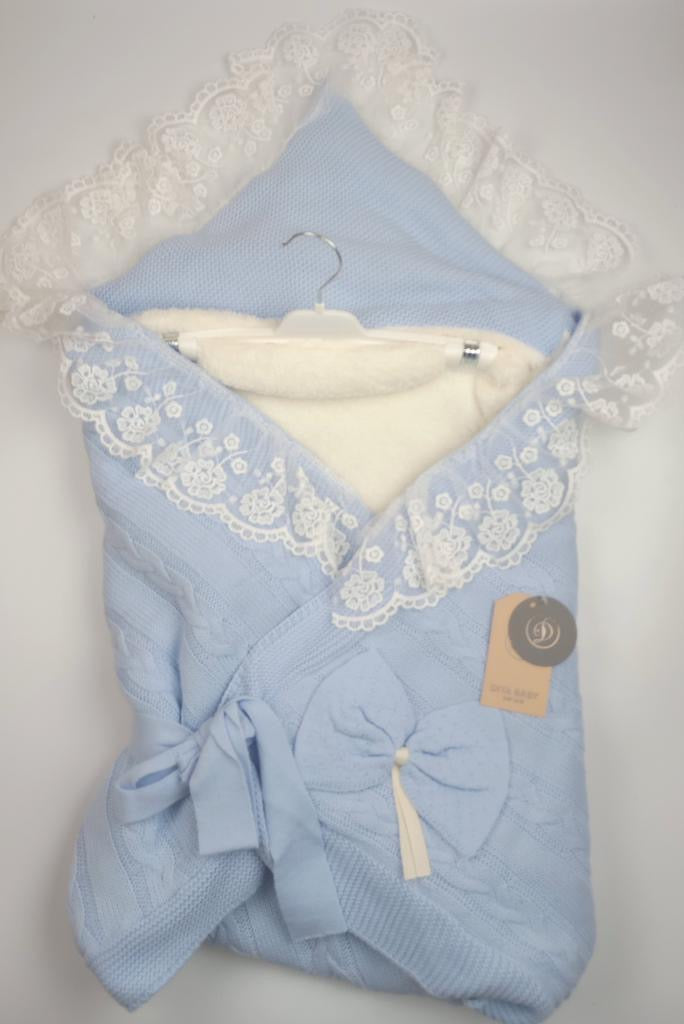 Knit Blue Swaddle With Lace Trim