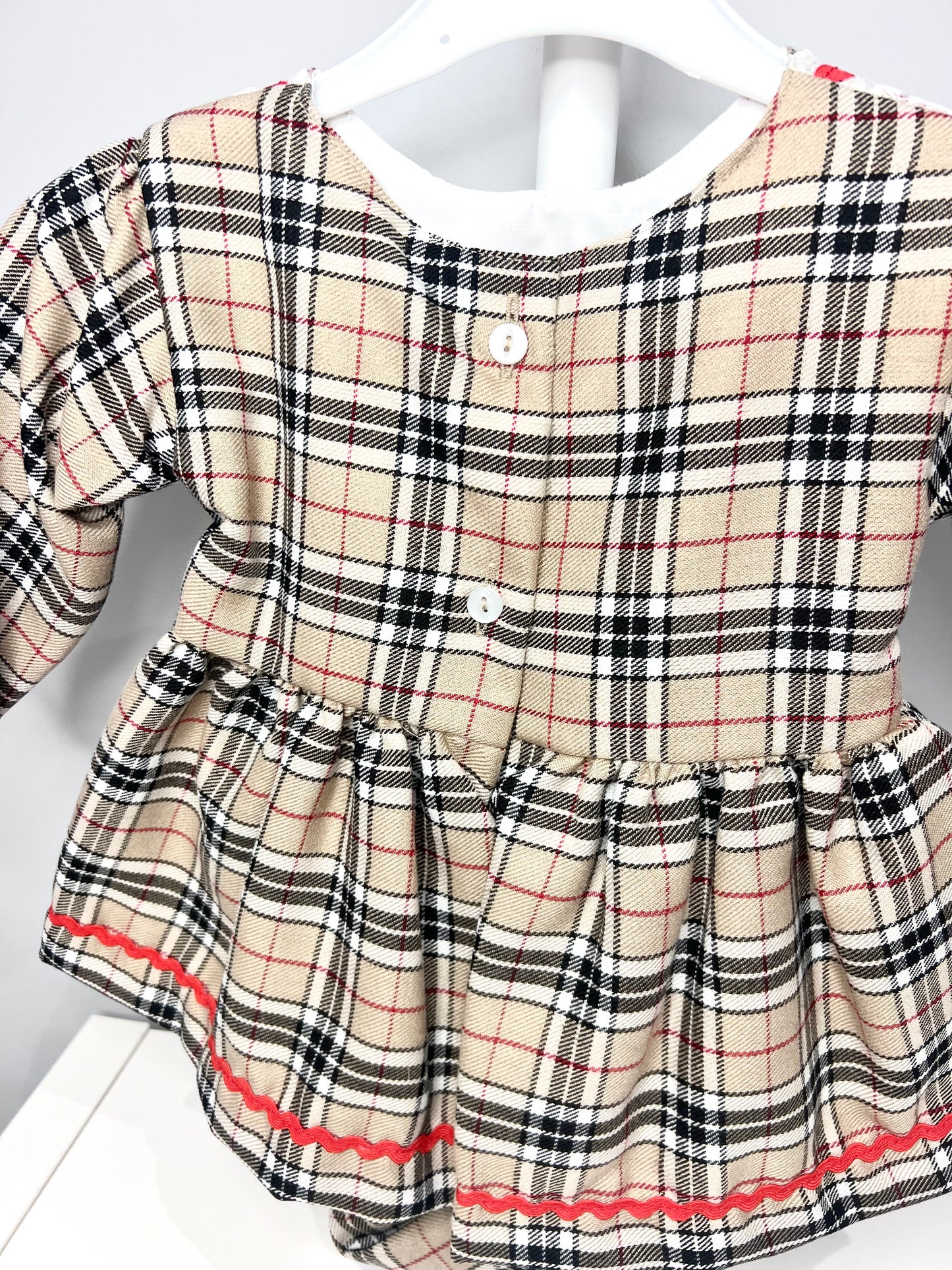 Kinder Baby Girl Tartan Christmas Dress with Bloomers - Beige Tartan Pattern 18-24 Months