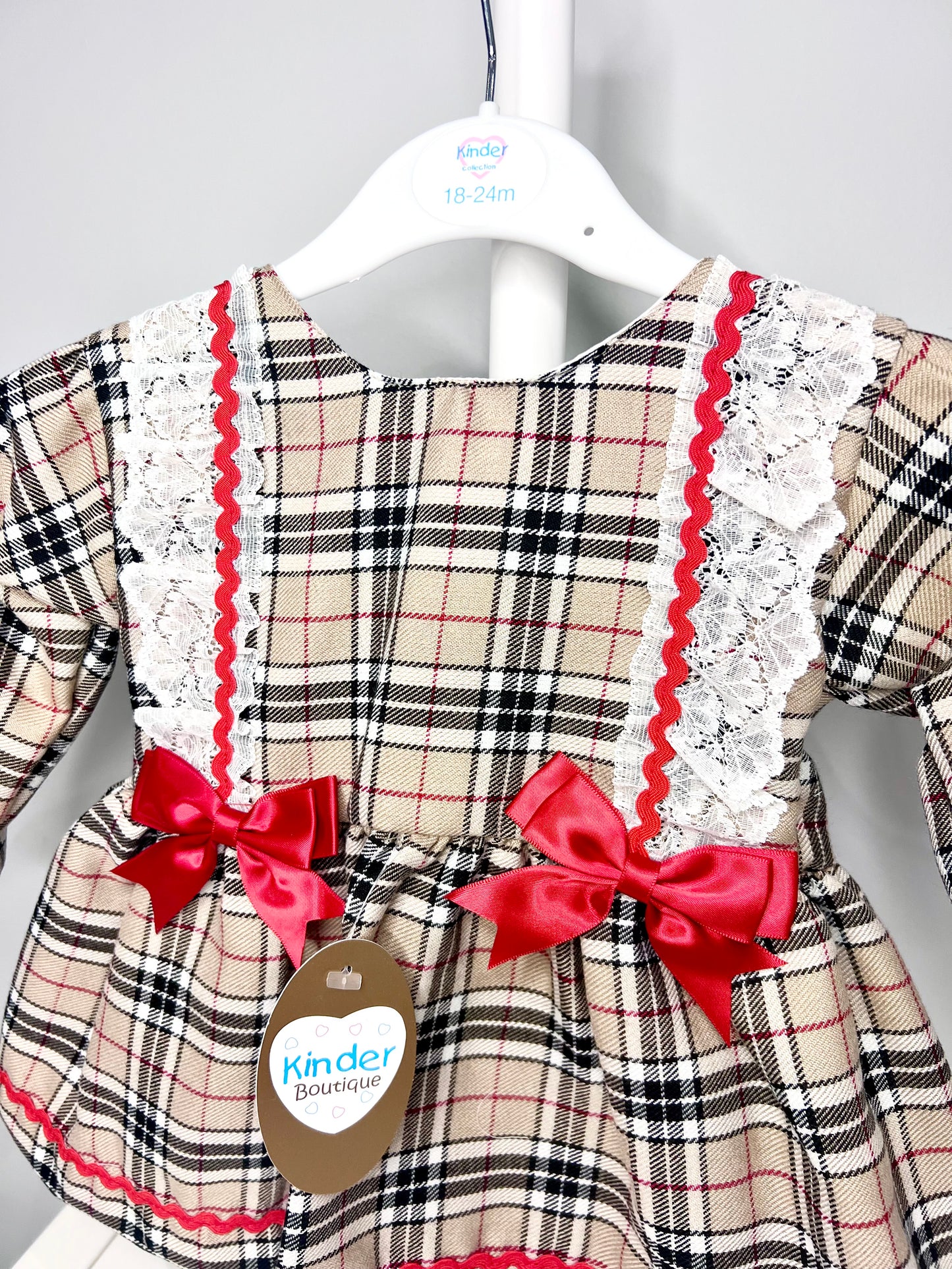 Kinder Baby Girl Tartan Christmas Dress with Bloomers - Beige Tartan Pattern 18-24 Months