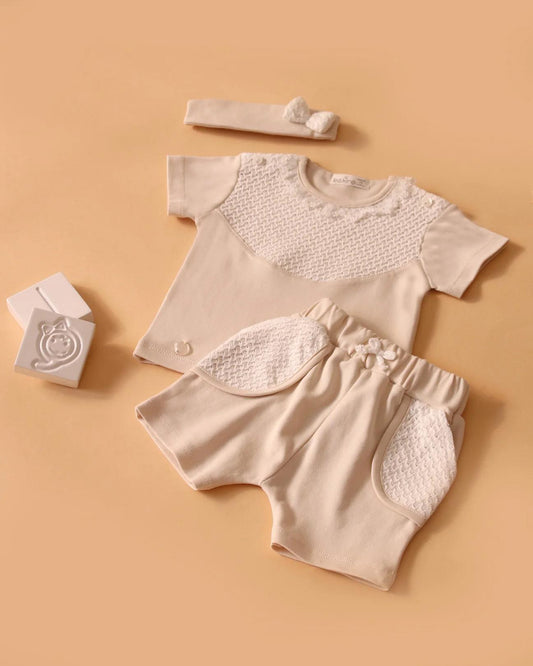 Cream Shorts Set with Headband