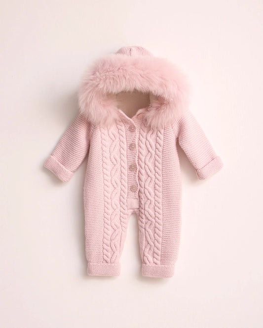 Pink Button Fleeced Merino Wool Knitted Pram suit Leo King