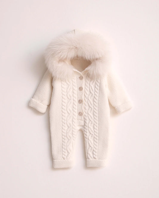 Ivory Button Fleeced Merino Wool Knitted Snowsuit