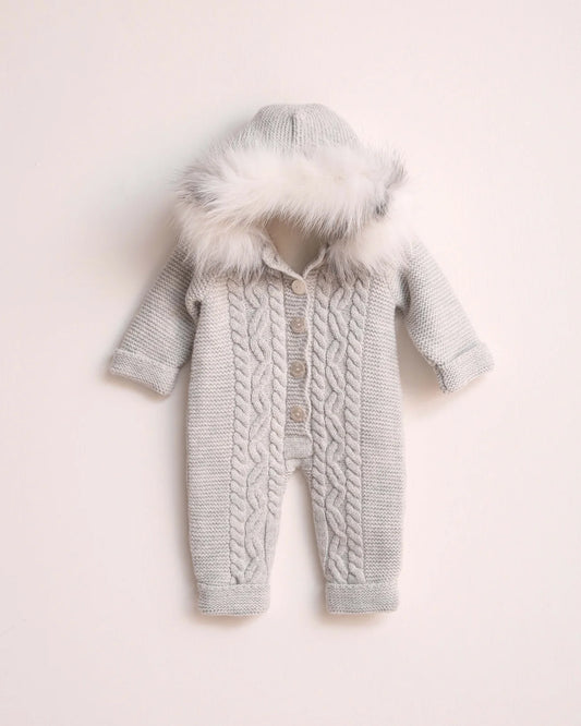 Grey Button Fleeced Merino Wool Knitted Snowsuit