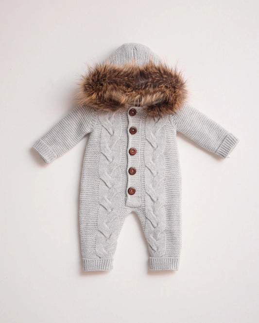 Grey Brown Fur Fleeced Merino Wool Knitted Snowsuit