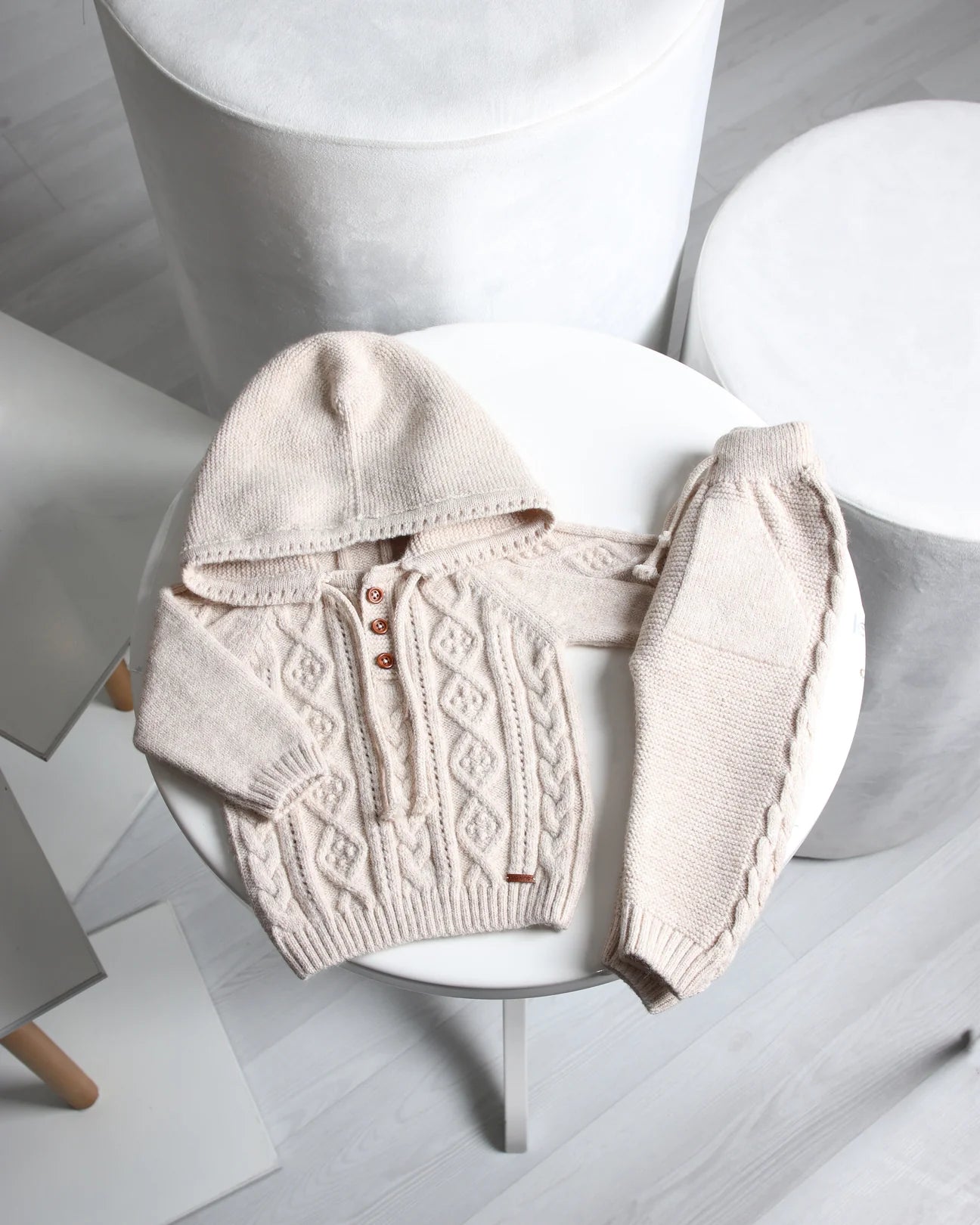 Knitted Hoodie Lounge Set Beige Leo King