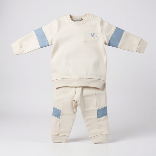 Visara boys 2 piece tracksuit set cream and blue