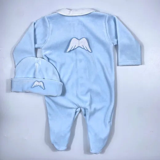 Angel Wings Velour Baby Grow Blue