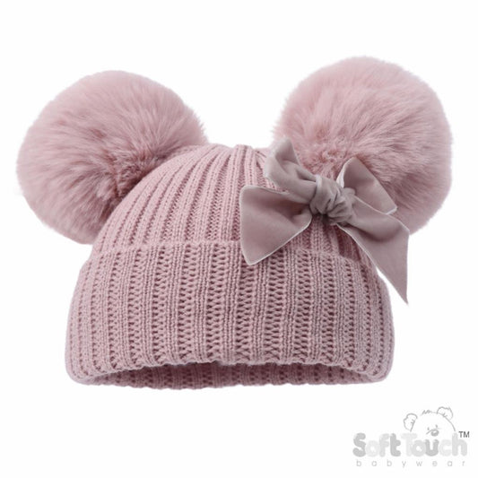 Dusky Pink Velvet Bow Pom Pom Hat