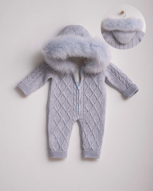 Blue Zip Fleeced Merino Wool Knitted Snowsuit