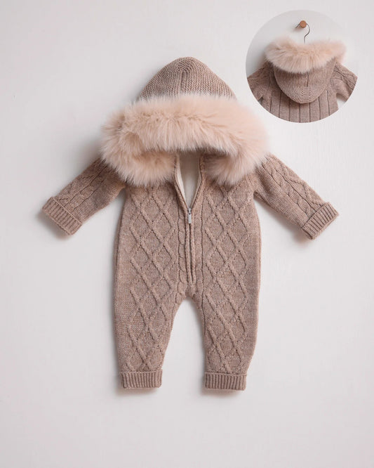 Beige Zip Fleeced Merino Wool Knitted Snowsuit