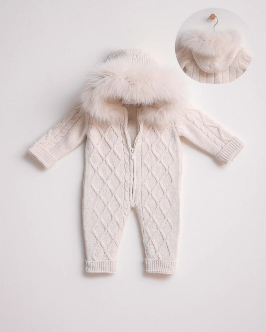 Ivory Zip Fleeced Merino Wool Knitted Snowsuit