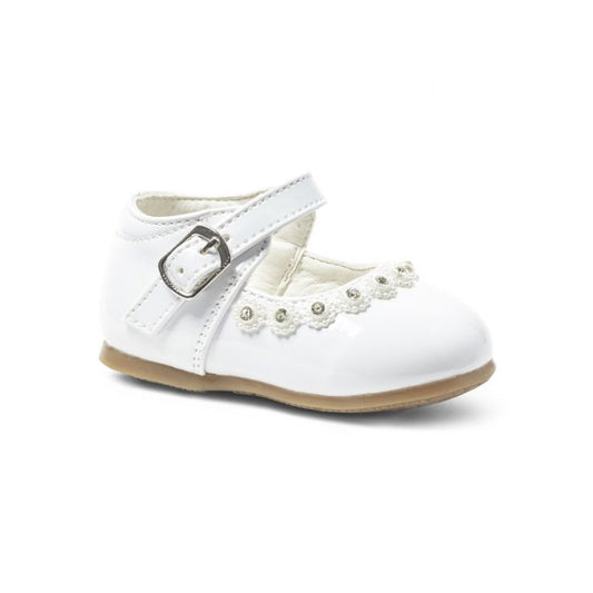 Pebble Buckle Diamante Flower Shoe - White