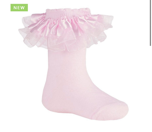 Organza Ribbon Frill Socks Pink