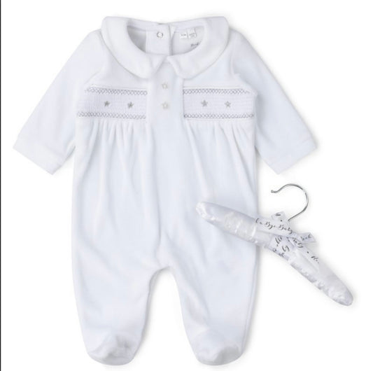 Smocked White Velour All In One